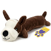 A brown and white plush dog toy lying down, shown on a white background with a yellow and purple tag.