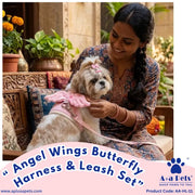 A small Shih Tzu dog wearing a pink butterfly harness and leash sits on a woman's lap on an ornate wooden bench. The woman is smiling and petting the dog.