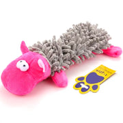 A pink and gray plush dog toy shaped like a worm, featuring a soft pink head and body with a textured gray chenille body, shown on a white background with its yellow and purple tag.