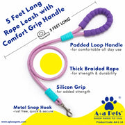 A 5-foot pet rope leash with a padded purple handle, pink braided rope, turquoise silicone grips, and a metal snap hook, shown on a white background with product feature callouts and the A+A Pets brand logo.