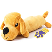 A yellow plush dachshund toy lying down on a white background, next to a yellow and purple paw-shaped tag.
