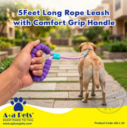 A purple padded rope leash with a turquoise buckle is held by a hand in the foreground, while a light brown dog walks on a stone path in a garden. Large text at the top reads '5Feet Long Rope Leash with Comfort Grip Handle,' and the A+a Pets brand logo appears in the lower left.