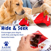 A golden retriever dog is shown lying on a couch while sniffing a red and white fabric treat pouch with a brown bone-shaped treat inside. The image includes a circular inset close-up of the pouch, a hand opening the pouch to reveal kibble treats, and marketing text reading 'Hide & Seek' and 'Encourages your dog to sniff, find, and dig for their favourite treats.
