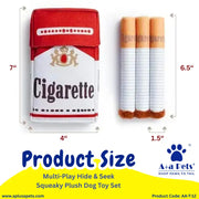 Product size diagram for a A+&P's pet toy set shaped like cigarettes. The set includes a red and white pack-shaped plush toy labeled 'Cigarette' and three individual cigarette-shaped plush toys with tan filter tips and brown tips.