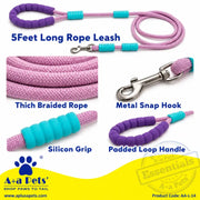 A pink braided pet rope leash with purple and turquoise silicone handle grips, shown in a composite product graphic with feature callouts: '5Feet Long Rope Leash,' 'Thick Braided Rope,' 'Metal Snap Hook,' 'Silicon Grip,' and 'Padded Loop Handle.' The A+A Pets logo appears at the bottom with a yellow graphic background.
