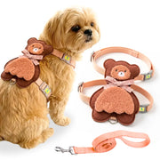 A small tan dog wearing a brown teddy bear harness, shown beside the harness laid flat and a matching leash on a white background.