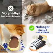A 4-panel promotional collage for a pet chew toy. The top-left panel shows a dog chew with a gray overlay reading 'Say goodbye destructive behaviors.