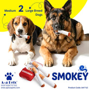 Two dogs, a beagle and a German Shepherd, are shown holding dog chew sticks in their mouths, with several smokeless dog sticks and a red box displayed in the foreground. The image includes branding for 'A+ Pets' and the product name 'Smokey' on a bright yellow and white background.
