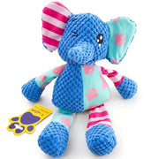 A blue textured plush elephant toy with pink and white striped ears, pink paw prints on mint green fabric, and striped pink and white legs, shown on a white background with a yellow paw-shaped tag.