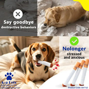 A 3-panel marketing graphic for a pet chew toy. The top panel shows a dog destroying paper rolls with the text 'Say goodbye destructive behaviors.