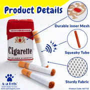 Product details graphic for a squeaky pet toy designed to look like a cigarette pack, showing the toy pack, loose toy pieces, and callout circles explaining durable inner mesh, squeaky tube, and sturdy fabric.