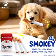 A golden retriever dog holds a cigarette-shaped plush toy in its mouth on a wooden floor, with product graphics including a red-and-white cigarette pack, several white plush cigarettes, and the text 'SMOKEY Multi-Play Hide & Seek Squeaky Plush Dog Toy Set' and 'A+a Pets'.