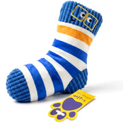 A blue and white striped plush dog toy shaped like a sock, with yellow glasses on the cuff, shown on a white background with a yellow paw-shaped tag.