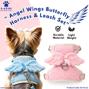 A small dog shown from the back wearing a light blue angel-wing harness set, with a separate pink harness and leash displayed beside it. Large text reads 'Angel Wings Butterfly Harness & Leash Set,' with a Paw-a-Pets logo and feature icons for durable material and light weight.