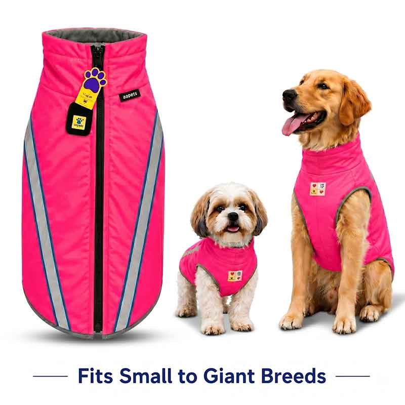Pink dog coat with reflective stripes on a white background, featuring two dogs wearing the coat.