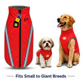 Red dog vests with reflective stripes on a white background, featuring small and large dogs wearing them.