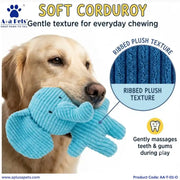A golden retriever dog holds a light blue corduroy elephant toy in its mouth against a white background with product text and feature callouts.