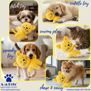 A collage showing a yellow plush lion-shaped pet toy with text labels for different play styles: fetch toy, cuddle toy, curious play, squeaky toy, chase & carry. Multiple pets including a puppy, cat, and small dog are shown interacting with the toy.