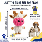 A corduroy cow-shaped dog toy is shown on a branded marketing graphic with measurement arrows indicating width and height, plus text describing size and suitability for cats, puppies, and dogs. Two dogs are pictured on the right, and the A+A Pets brand logo appears multiple times.