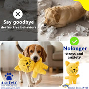 A promotional collage for a yellow corded cat-shaped pet toy. The top half shows a dog destroying a toy, with text reading 'Say goodbye destructive behaviors.