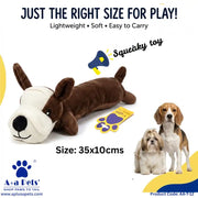 A brown and white plush dog toy lying on a white background with promotional text, a megaphone graphic, a paw-shaped tag, and two dogs shown at the right. The image includes the brand name A+A Pets and product code AA-112.