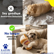 A promotional collage for a dog anxiety toy. The top half shows a golden retriever chewing a white plastic ring on a torn carpet with paper scraps, captioned 'Say goodbye destructive behaviors.