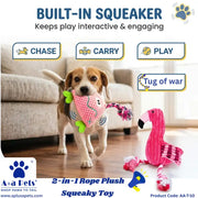 A beagle dog runs across a hardwood floor carrying a pink plush squeaky rope toy in its mouth, with a matching pink flamingo plush toy on the floor nearby. The image includes marketing text such as 'BUILT-IN SQUEEAKER' and feature callouts like 'CHASE', 'CARRY', 'PLAY', and 'Tug of war', plus the A+A Pets brand logo and website.