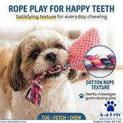 A small fluffy dog holds a pink crocheted rope toy in its mouth while chewing a braided cotton rope toy. The image includes marketing text, a circular inset showing the braided texture, and the A+a Pets logo at the bottom right.