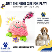 A pink knitted dog toy shaped like a cartoon creature with green feet and a braided tail, shown on a white background with promotional text, a paw-print logo, and photos of a dog and a cat.