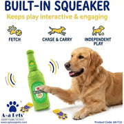 A golden retriever dog reaches toward a green bottle-shaped squeaker toy on a white background, with marketing text at the top and A+A Pets branding at the bottom.