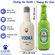 A pet toy bottle shaped like a beer bottle, shown in two views: a plush off-white bottle labeled 'VODKA' and a green plush bottle labeled 'HOPPY DOG'. The image includes dimensions (25 x 10 cm), feature icons, and the A+A Pets brand logo.