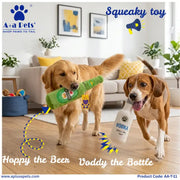 Two dogs in a living room playing with A+A Pets' squeaky toy. One golden retriever holds a green beer bottle-shaped toy in its mouth, and the beagle holds a white vodka bottle-shaped toy.