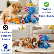 A split promotional image showing two dogs with knitted pet toys in a living room setting. The top half shows a golden retriever playing with an orange and white striped plush toy next to a blue elephant toy, with text reading 'Playtime Nap time Cuddle Buddy.