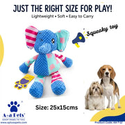 A blue knitted elephant squeaky dog toy with pink and mint accents, shown on a white background with promotional text, a paw-print logo for A+A Pets, and two small dogs pictured at the lower right.
