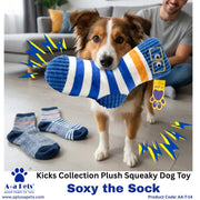 A dog holds a plush sock-shaped dog toy in its mouth in a living room setting, with two additional socks on the floor and a man sitting blurred in the background. Text overlays read 'Kicks Collection Plush Squeaky Dog Toy Soxy the Sock' and show the 'Applus Pets' brand logo.