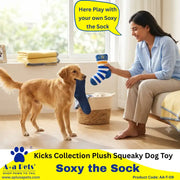 A woman sits on a bed in a bright room while a golden retriever dog holds a blue sock toy in its mouth. The woman offers a blue-and-white striped sock toy.