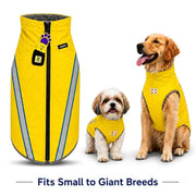 Yellow dog vests with reflective stripes on a white background