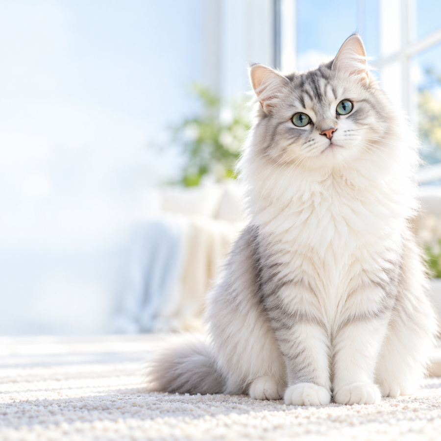 Relaxed silver and white cat in a bright, comfortable home.