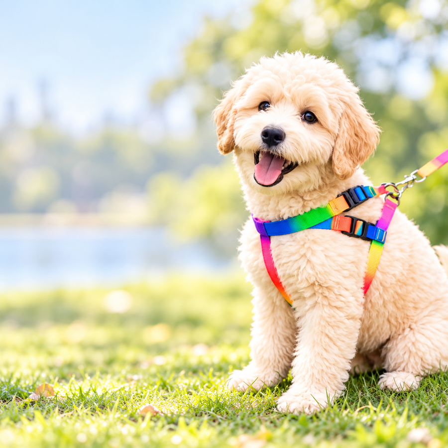 Happy cream dog wearing the rainbow step-in harness in a sunny park.
