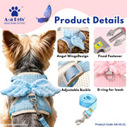 A promotional product detail graphic for an A+a Pets pet harness and leash set. The left side shows the back view of a small dog wearing a light blue angel-wing harness.