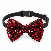 Red sequins bow and black collar for dogs, on white background