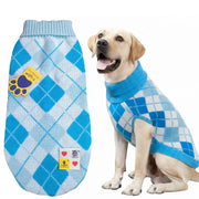 A light blue and white argyle knit dog sweater shown both flat on the left and worn by a yellow Labrador Retriever on the right, against a plain white background.